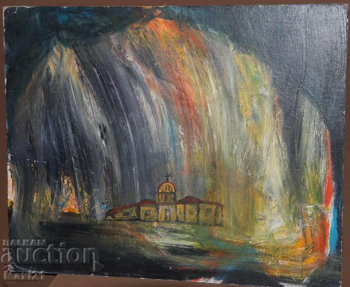 Аукцион Картина маслени бои нощен пейзаж манастир