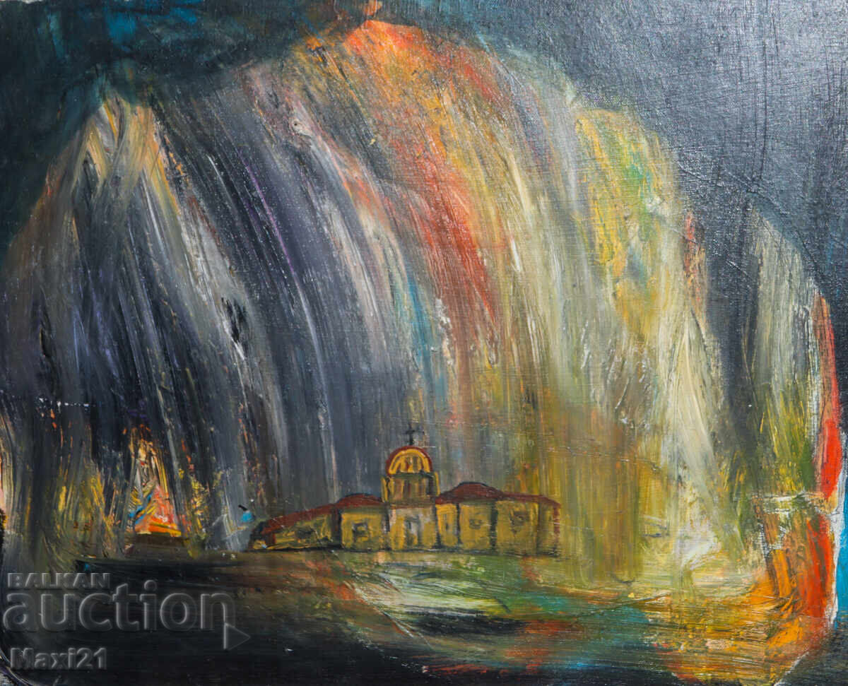 Картина маслени бои нощен пейзаж манастир