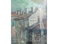 Έργο ζωγραφικής με λάδι, αστικό τοπίο, σπίτια