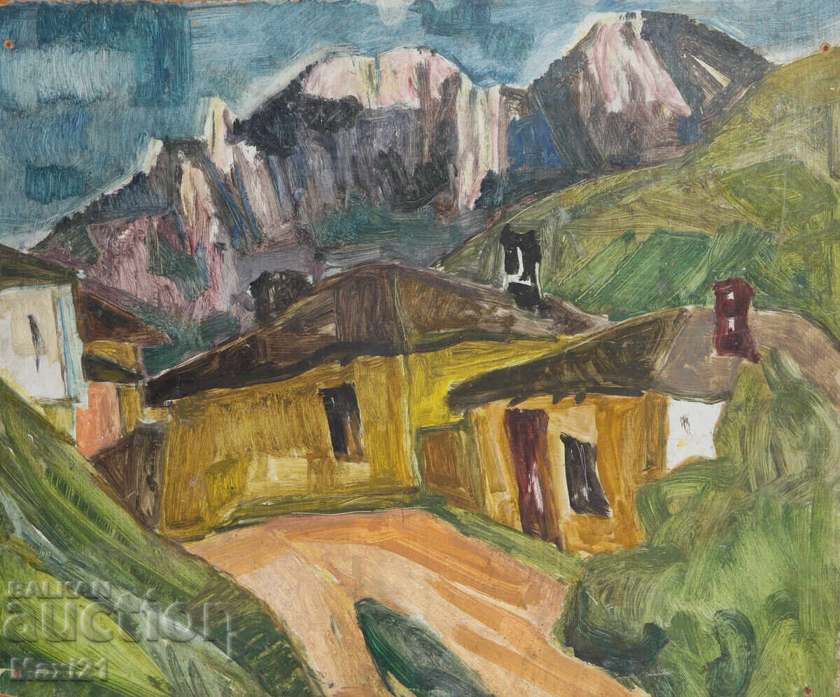 Oil painting, genre scene, houses Oil painting, genre scene, houses