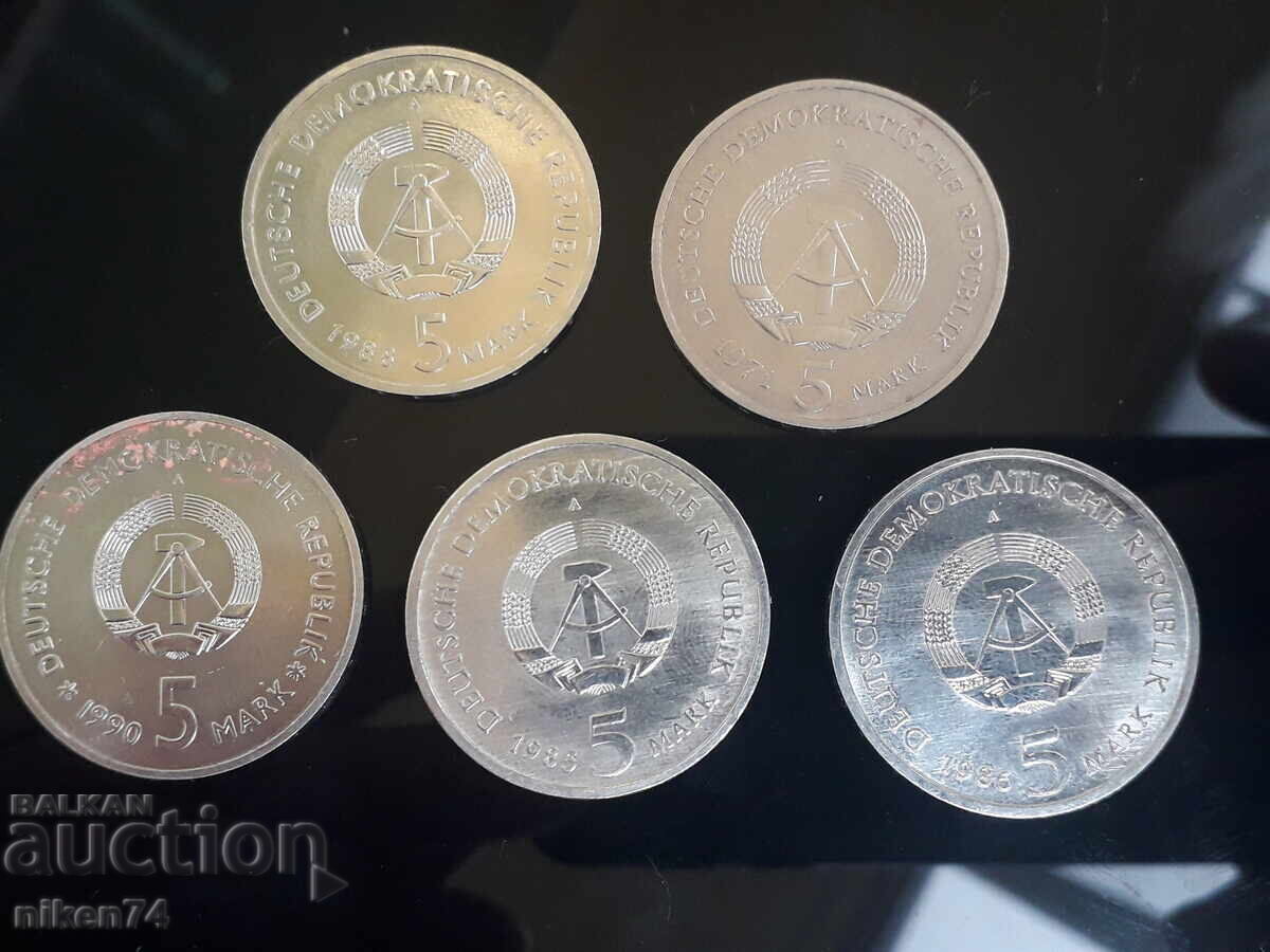 Licitație Lot de 5 bucăți de 5 mărci comemorative Deutsche DDR Licitație Lot de 5 bucăți de 5 mărci comemorative Deutsche DDR