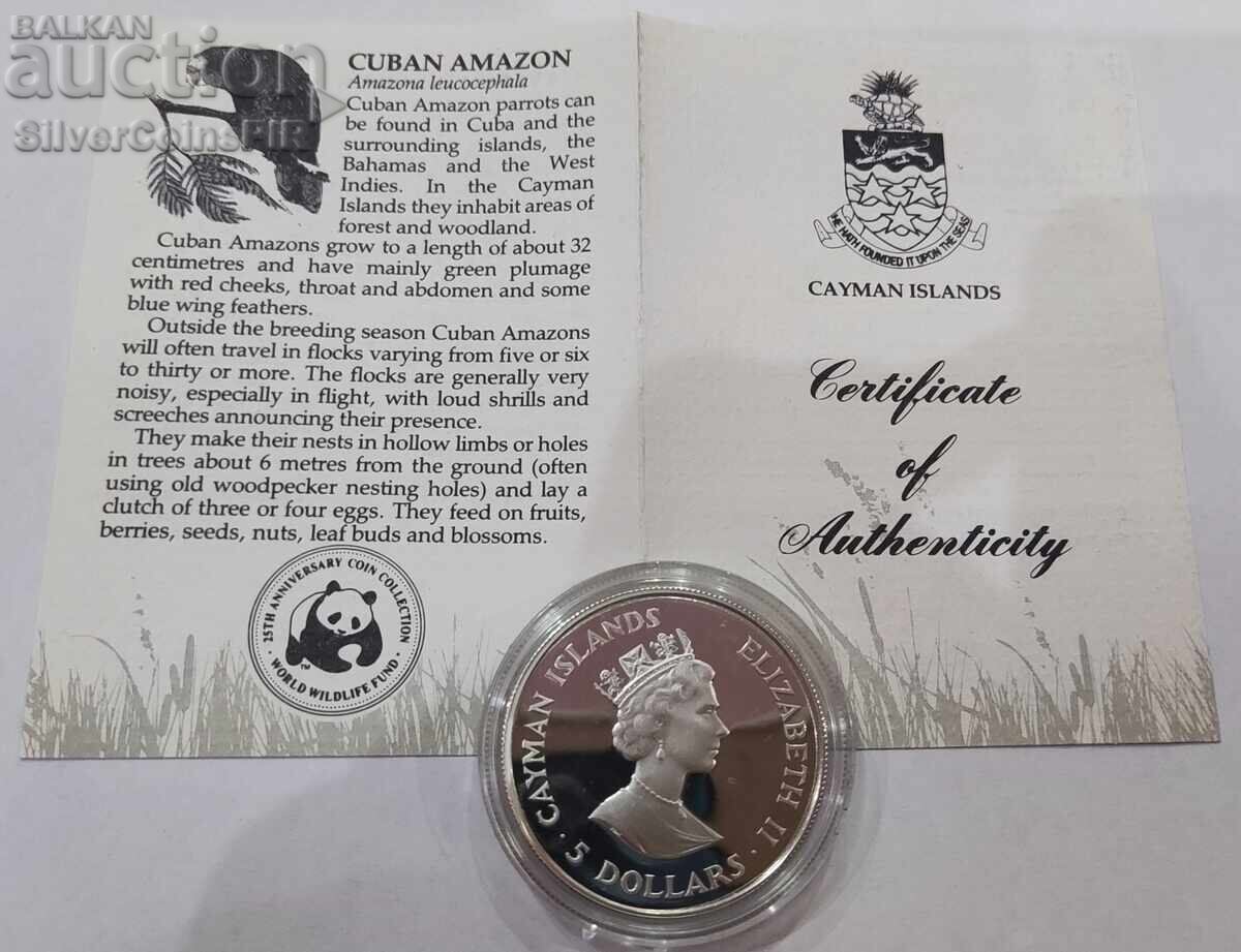 Silver 5$ Parrot 1987 Cayman Islands Endangered Animals - 5 Silver 5$ Parrot 1987 Cayman Islands Endangered Animals - 5