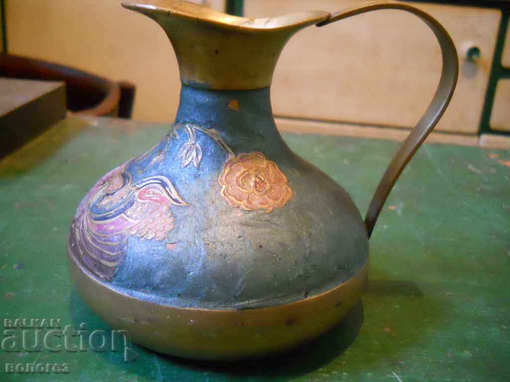 Old brass jug with cloisonné decoration - France