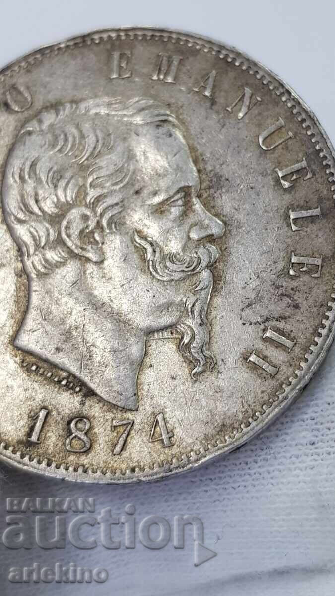 СГРЕШЕНА - Рядка сребърна монета 5 лири 1874 Италия с цена 160.00 лв. | € 81.81