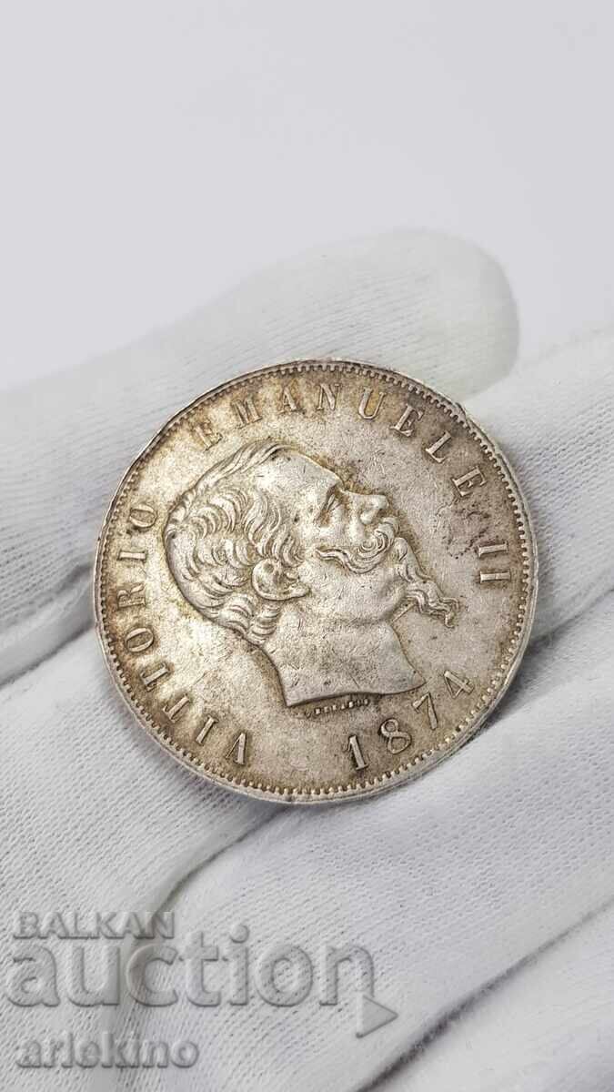 Аукцион СГРЕШЕНА - Рядка сребърна монета 5 лири 1874 Италия
