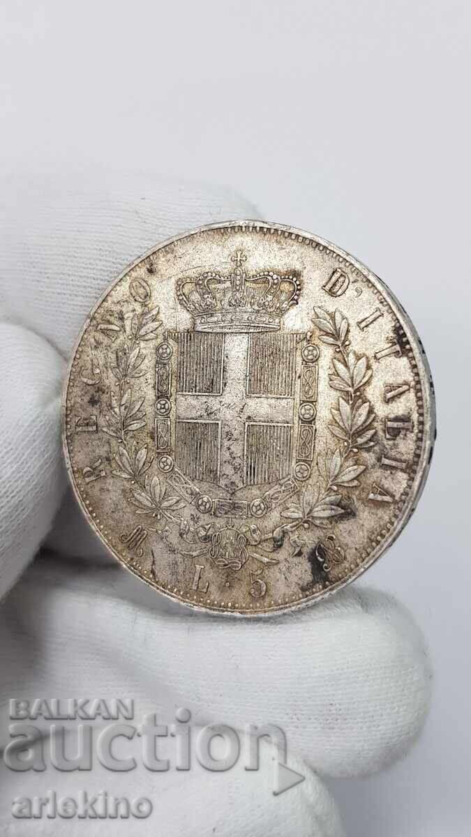 Доставка на СГРЕШЕНА - Рядка сребърна монета 5 лири 1874 Италия