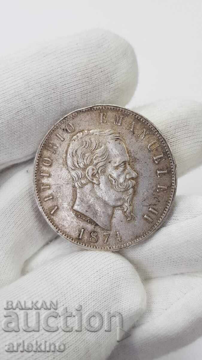 СГРЕШЕНА - Рядка сребърна монета 5 лири 1874 Италия