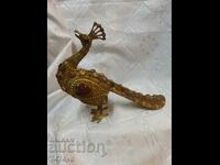 Antique brass figure with filigree and inlays - "Peacock"