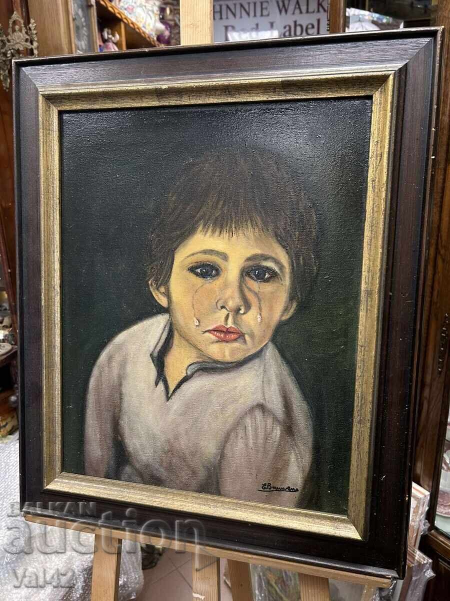 Auction Reproduction "The Crying Boy" - oil paints on print Auction Reproduction "The Crying Boy" - oil paints on print