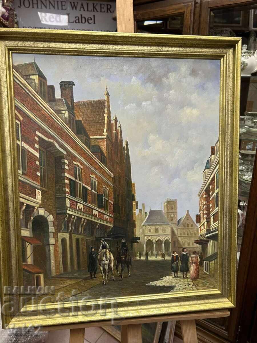 Delivery of Reproduction "City Scene" - oil paints on print