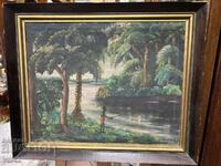 Old painted picture - tropical landscape with fisherman
