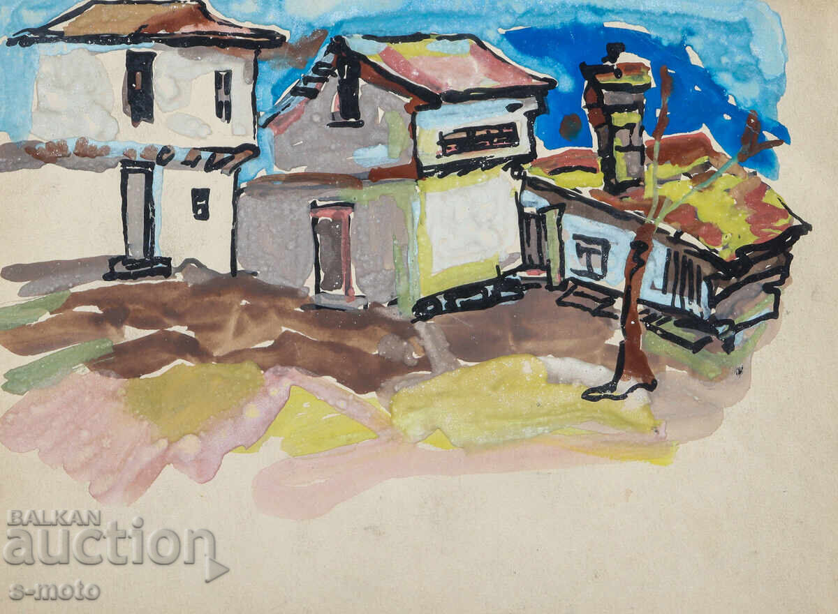 Pictură veche peisaj rural