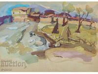 Old painting, rural landscape