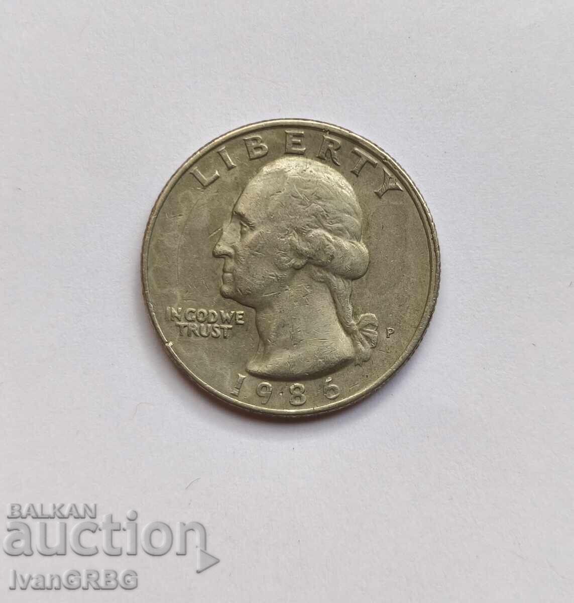 1/4 US dollar 25 cents 1986 American coin quarter 1/4 US dollar 25 cents 1986 American coin quarter