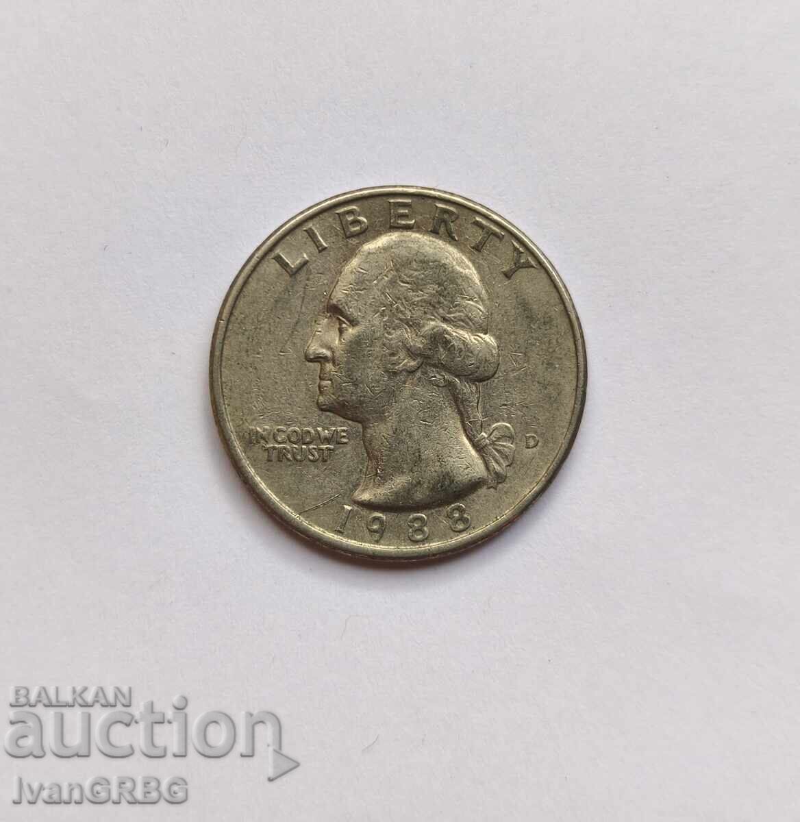 1/4 US dollar 25 cents 1988 American coin quarter with price 1.30 BGN | € 0.66