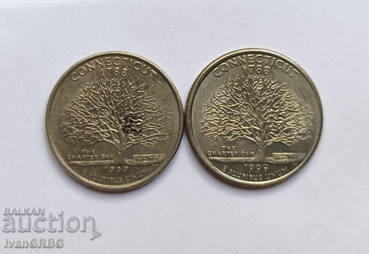2 coins 1/4 US dollar Connecticut both letters P and D 25 cents with price 2.60 BGN | € 1.33