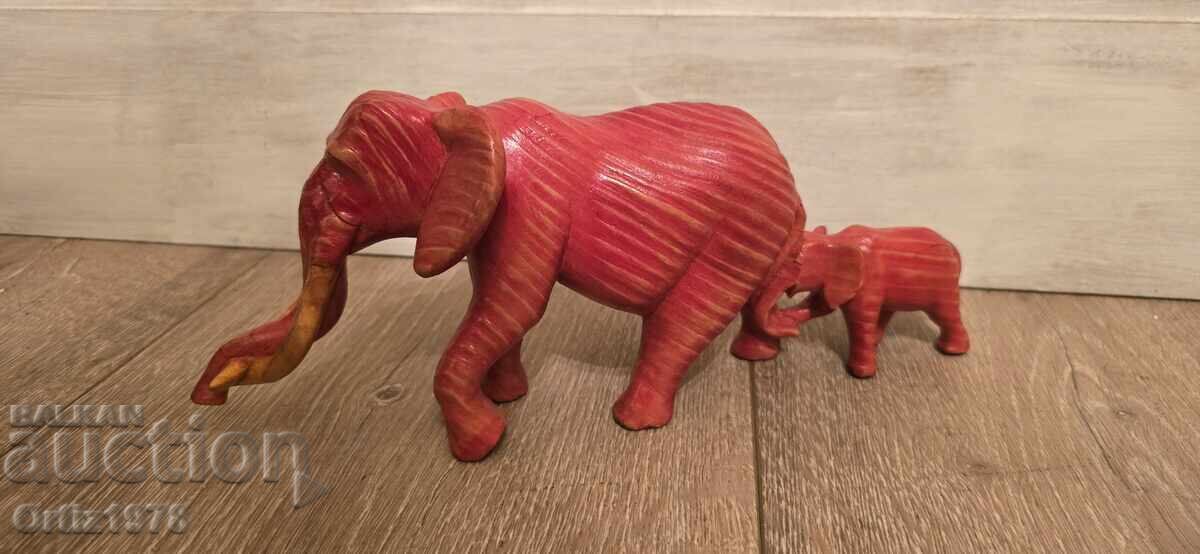 Auction  Pink Elephant with its Baby - Original Wood Carving!
