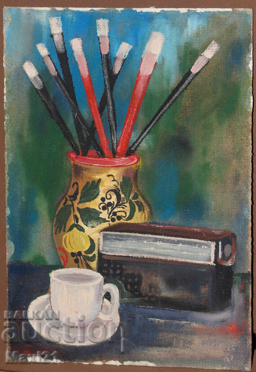 Έργο ζωγραφικής με λάδι νεκρή φύση οικιακά αντικείμενα με τιμή 180.00 BGN | € 92.03 Έργο ζωγραφικής με λάδι νεκρή φύση οικιακά αντικείμενα με τιμή 180.00 BGN | € 92.03