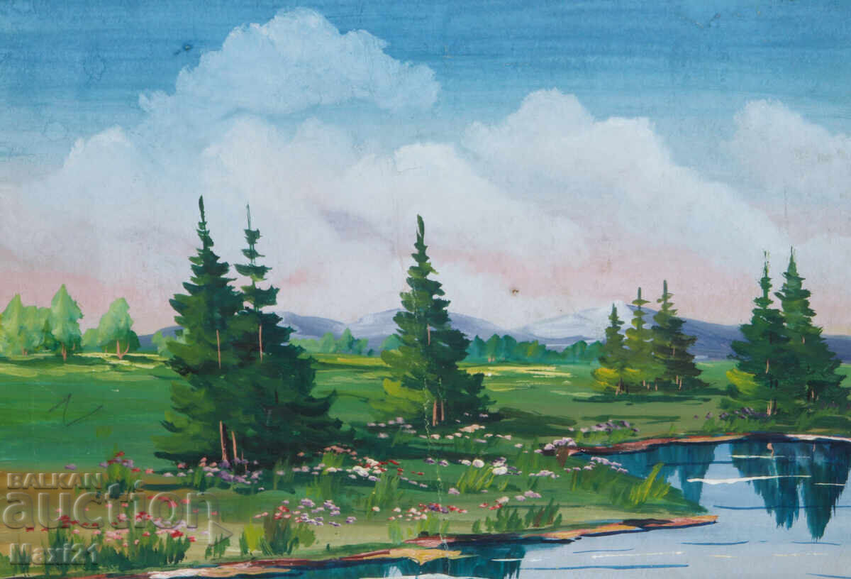 Auction Gouache painting, natural landscape, lake Auction Gouache painting, natural landscape, lake