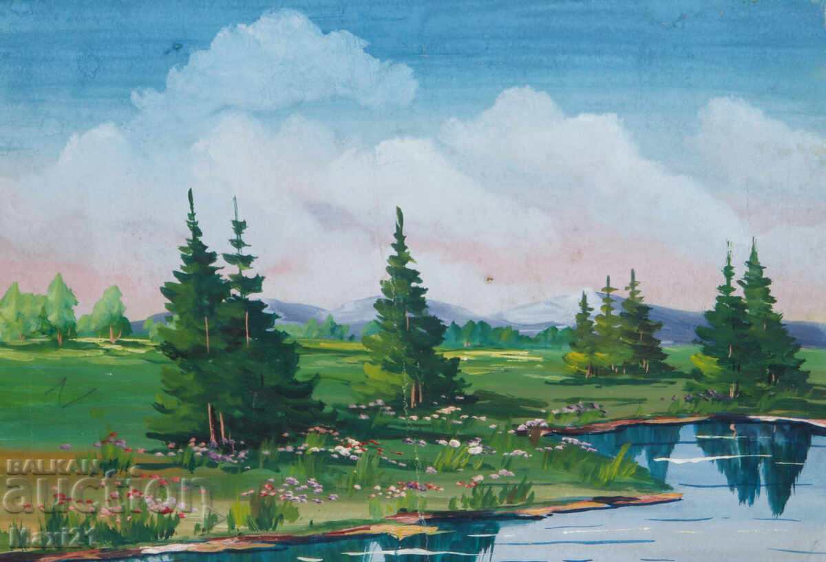 Gouache painting, natural landscape, lake Gouache painting, natural landscape, lake