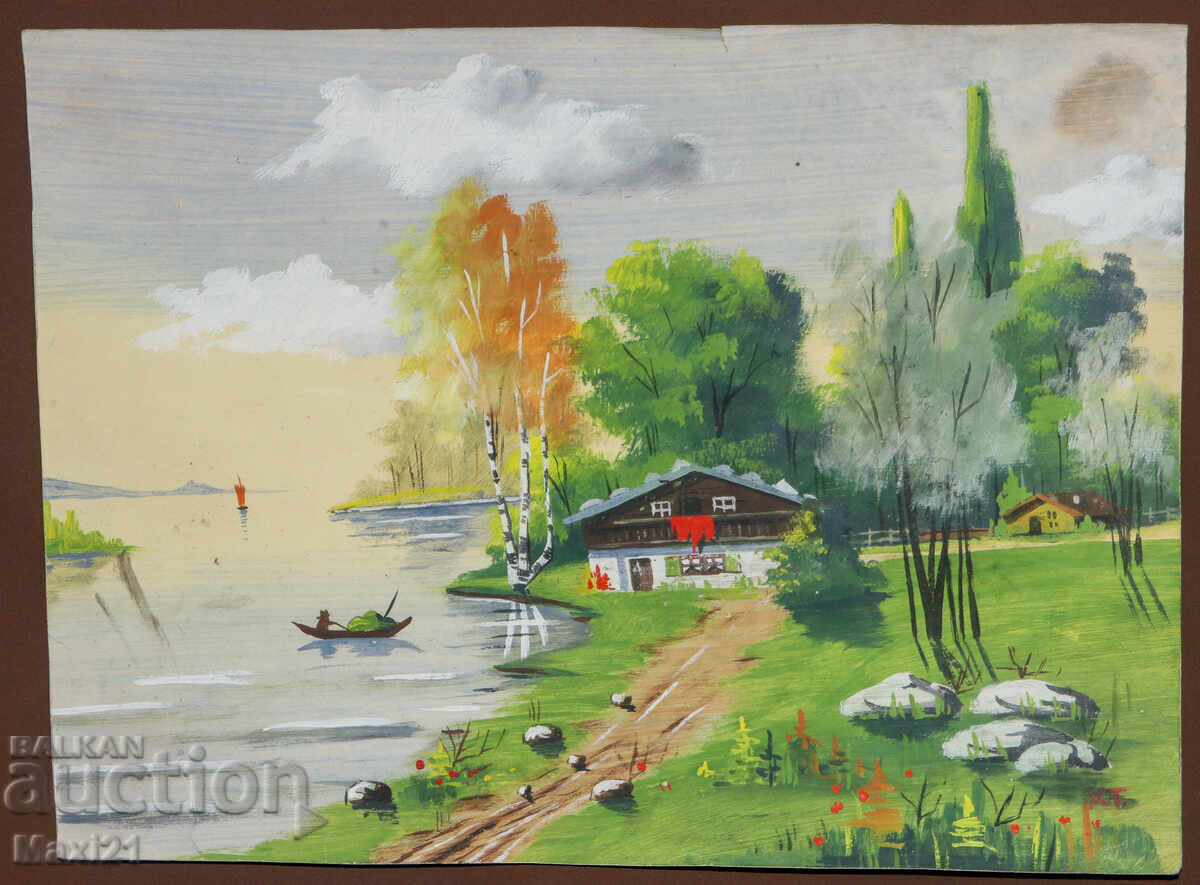 Πίνακας γκουάς φυσικό τοπίο σπίτι δίπλα στο ποτάμι με τιμή 200.00 BGN | € 102.26