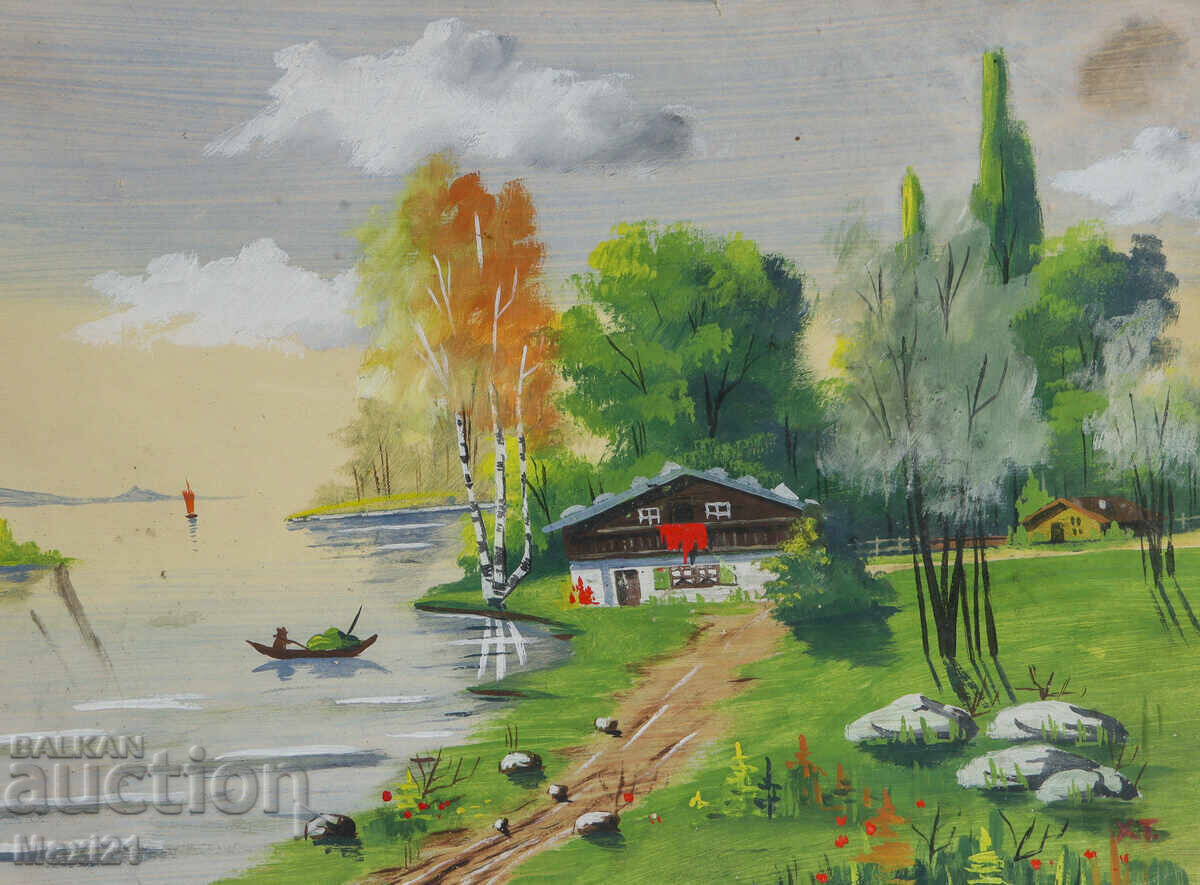 Δημοπρασία Πίνακας γκουάς φυσικό τοπίο σπίτι δίπλα στο ποτάμι