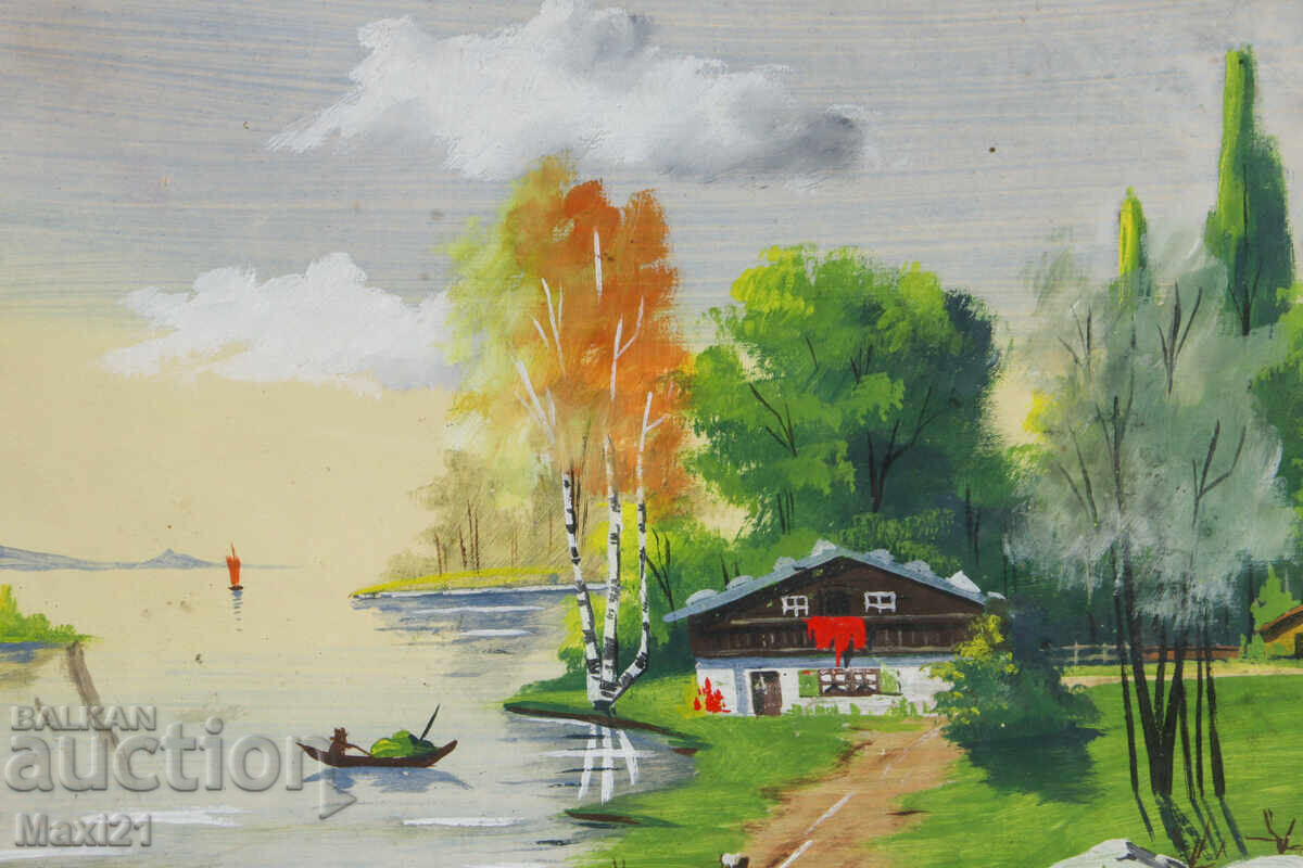 Παράδοση Πίνακας γκουάς φυσικό τοπίο σπίτι δίπλα στο ποτάμι