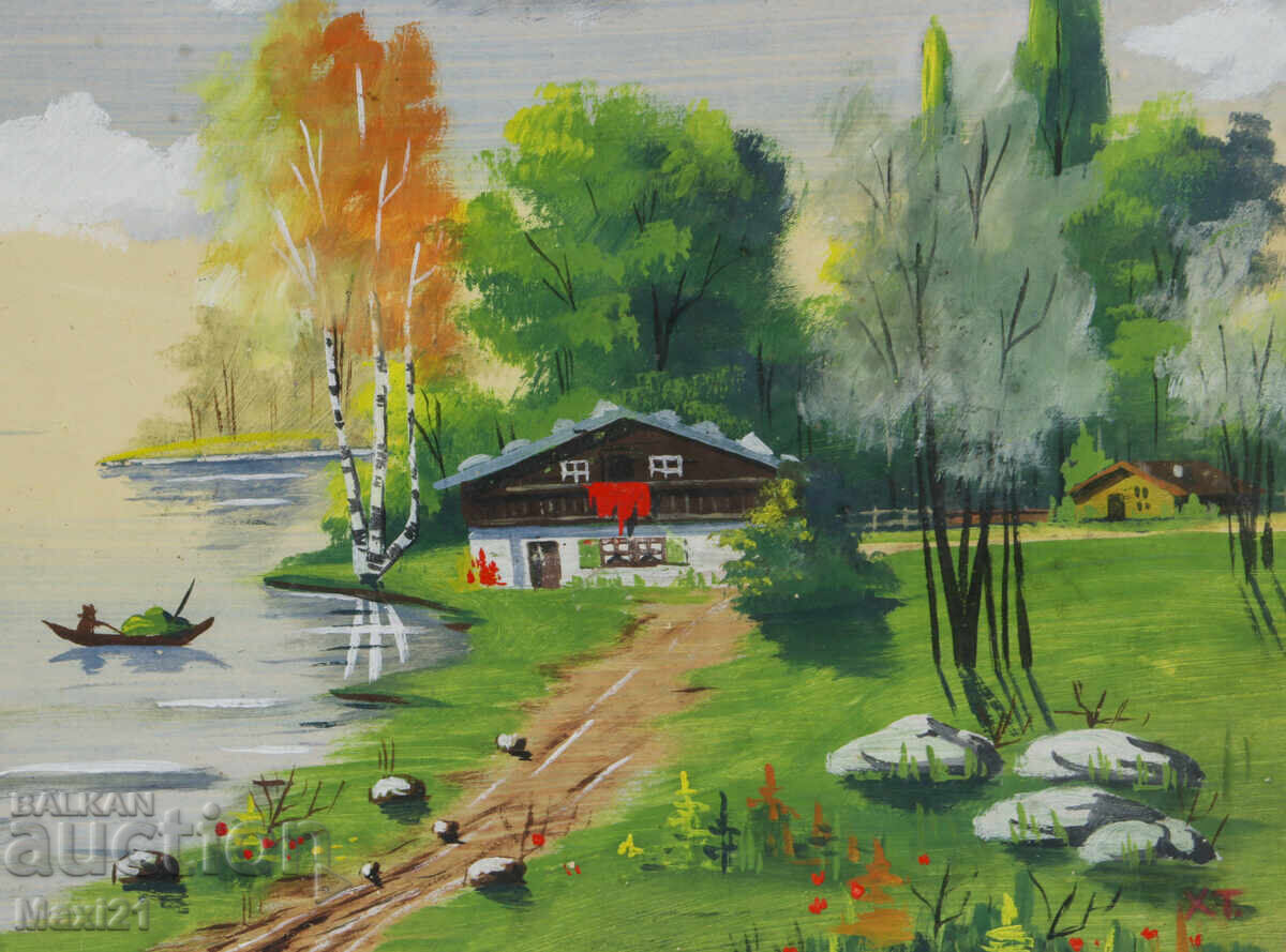 Πίνακας γκουάς φυσικό τοπίο σπίτι δίπλα στο ποτάμι - 5