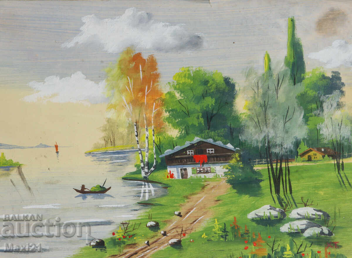 Πίνακας γκουάς φυσικό τοπίο σπίτι δίπλα στο ποτάμι