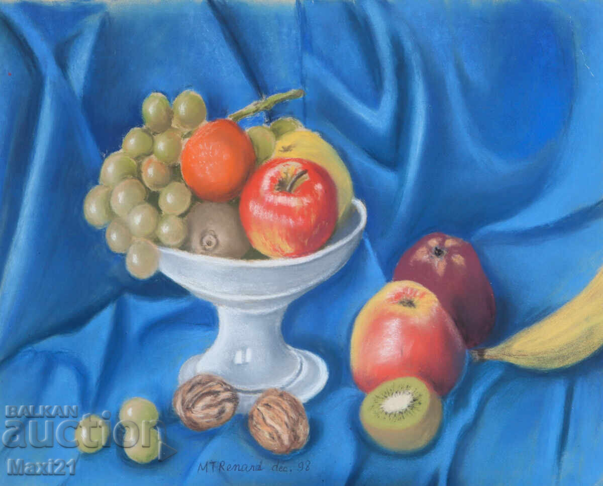 Παστέλ πίνακας νεκρής φύσης με φρουτιέρα