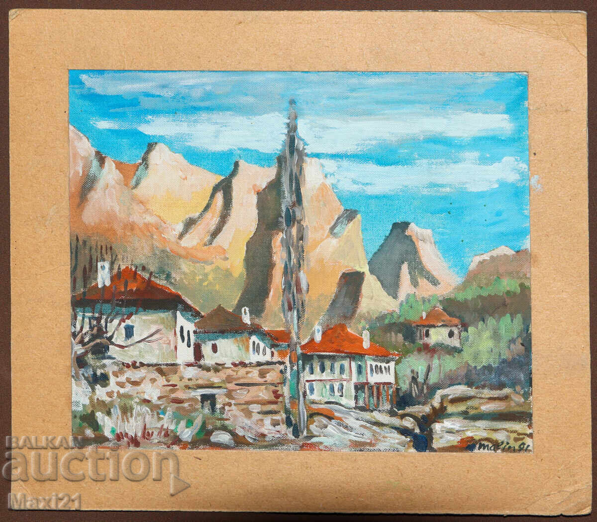 Oil painting, genre scene, houses at the foot of a mountain with price 150.00 BGN | € 76.69