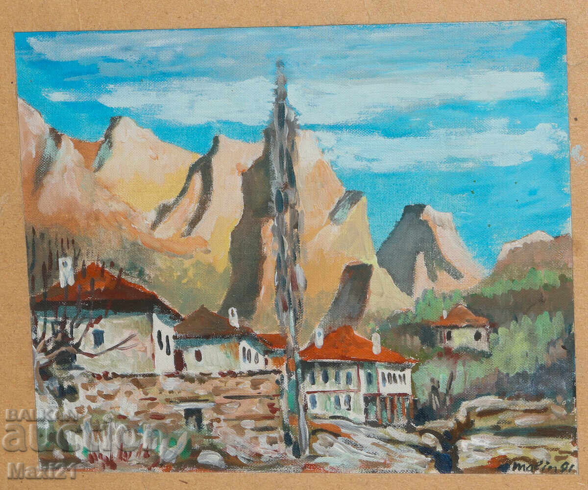 Auction  Oil painting, genre scene, houses at the foot of a mountain