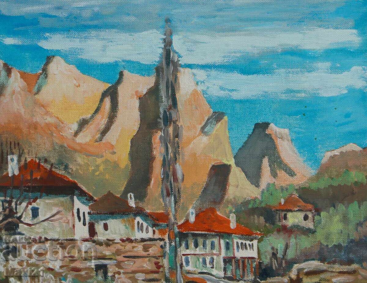 Delivery of Oil painting, genre scene, houses at the foot of a mountain