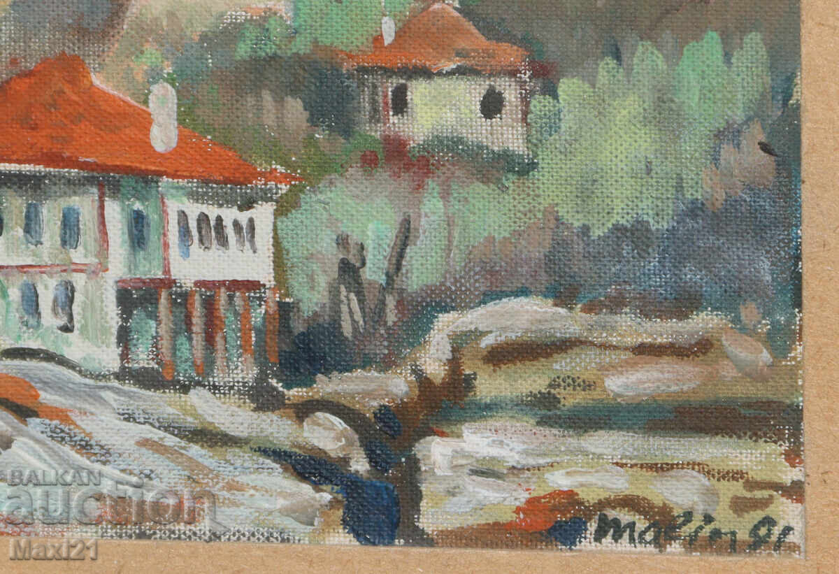 Oil painting, genre scene, houses at the foot of a mountain - 6