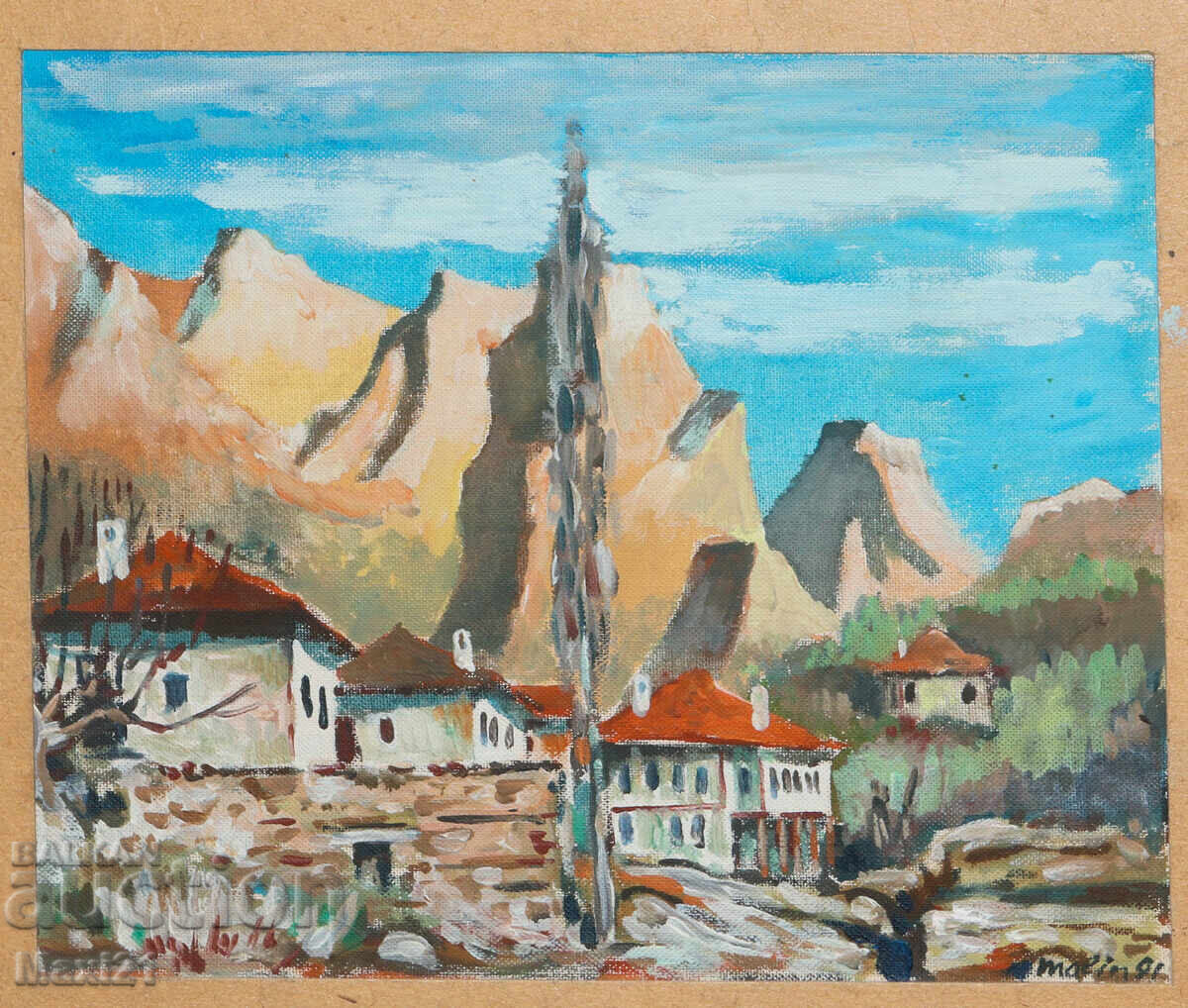 Oil painting, genre scene, houses at the foot of a mountain