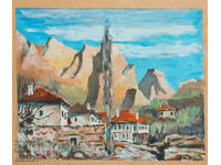 Ελαιογραφία, σκηνή καθημερινής ζωής, σπίτια στους πρόποδες του βουνού