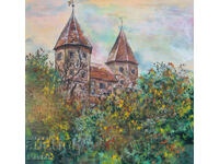 Gouache painting, natural landscape, beautiful castle