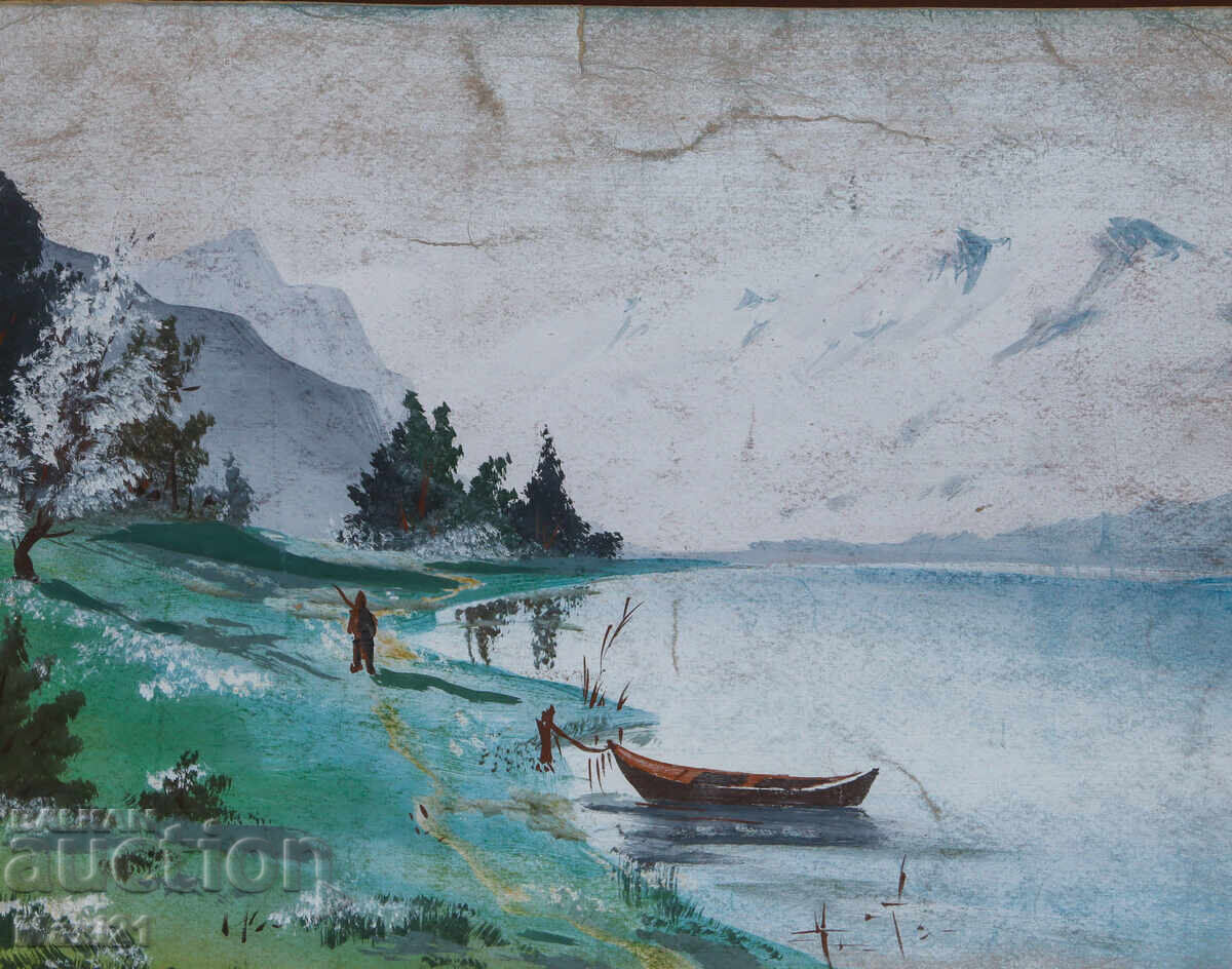 Landscape painting gouache beautiful mountain lake