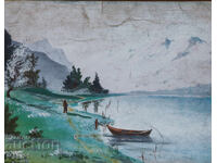 Landscape painting gouache beautiful mountain lake