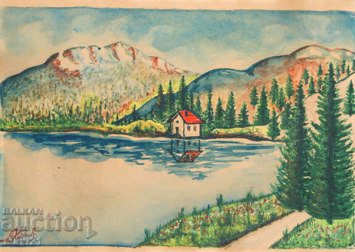 Landscape watercolor painting mountain lake 1960
