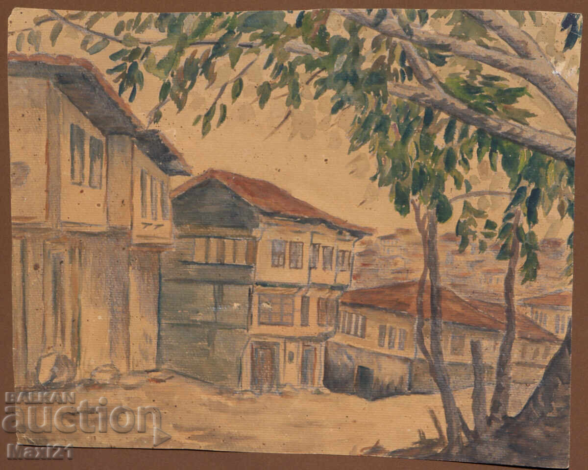 Auction  Old landscape painting watercolor cityscape
