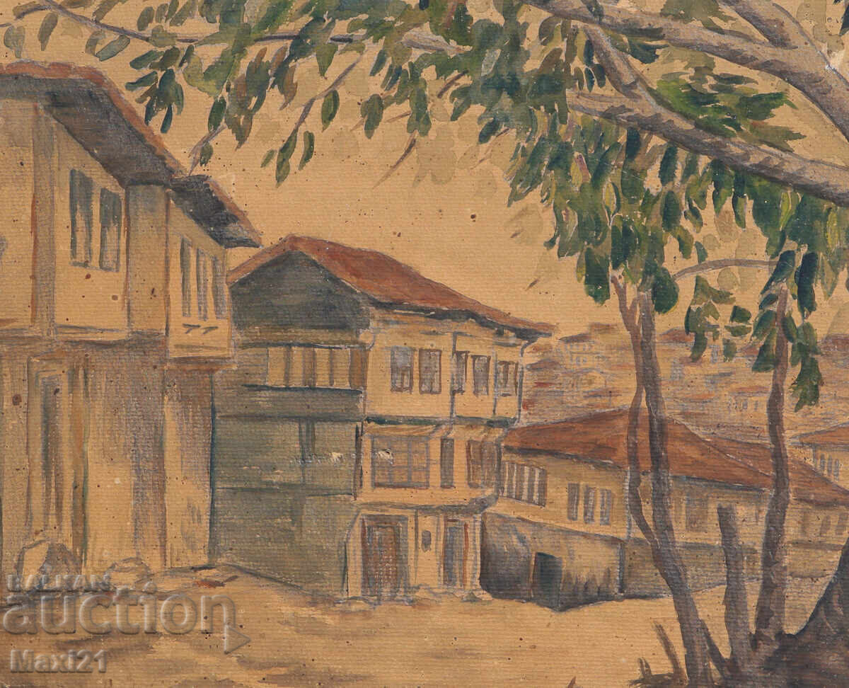 Old landscape painting watercolor cityscape