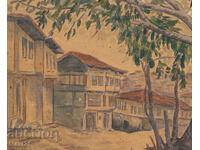 Veche pictură peisaj, acuarelă, peisaj urban