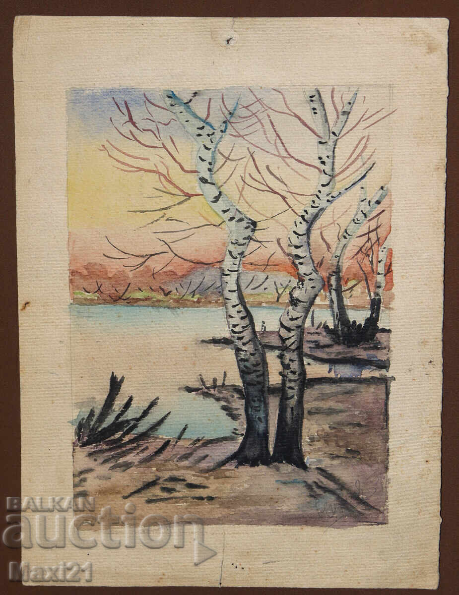 Watercolor painting landscape birch trees by a lake with price 150.00 BGN | € 76.69