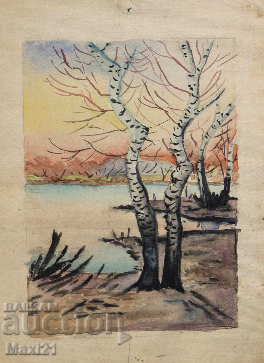 Auction  Watercolor painting landscape birch trees by a lake