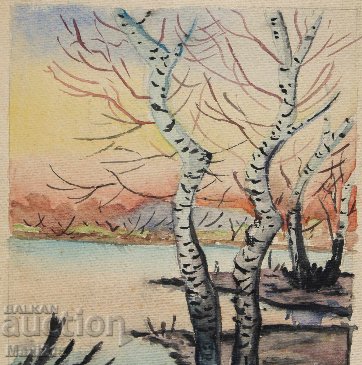 Delivery of Watercolor painting landscape birch trees by a lake