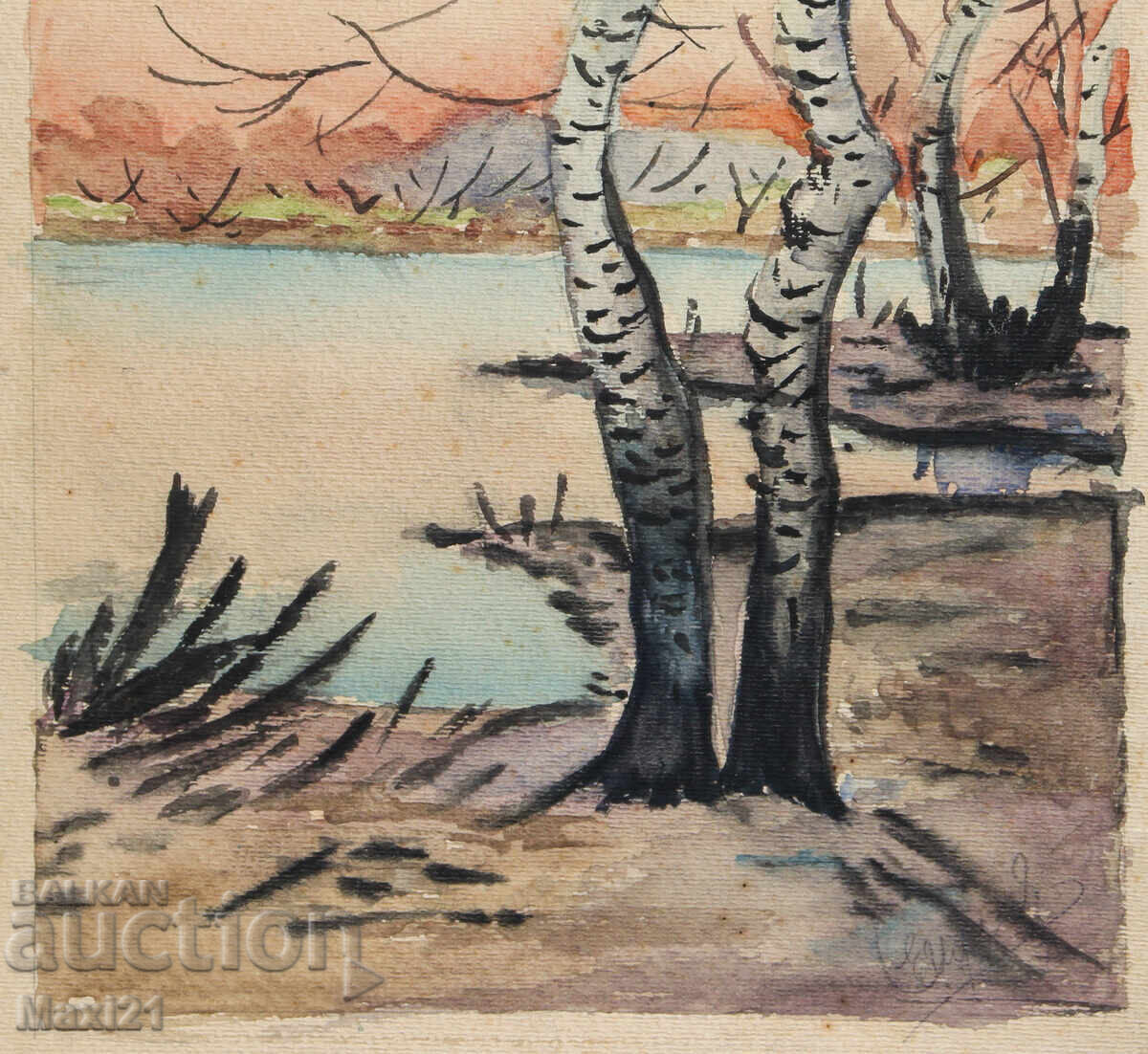 Watercolor painting landscape birch trees by a lake - 5