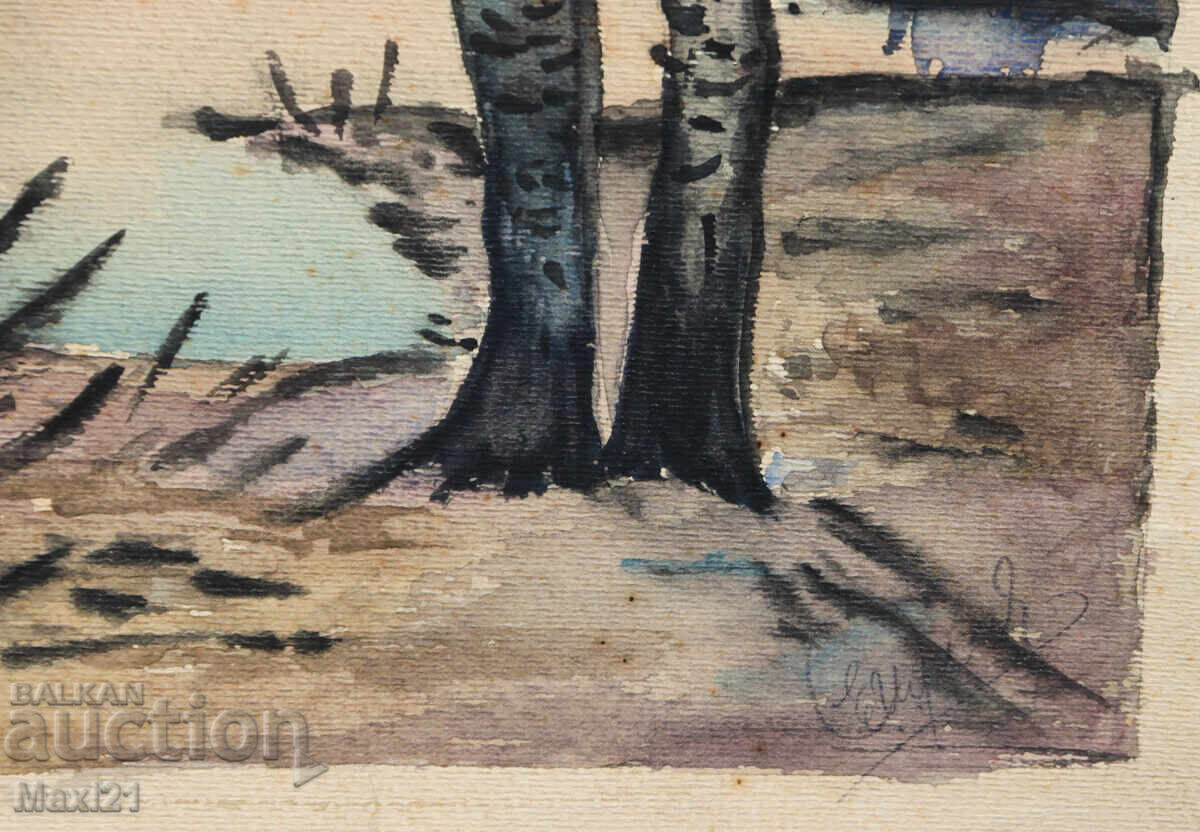 Watercolor painting landscape birch trees by a lake - 6
