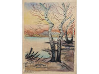 Watercolor painting landscape birch trees by a lake