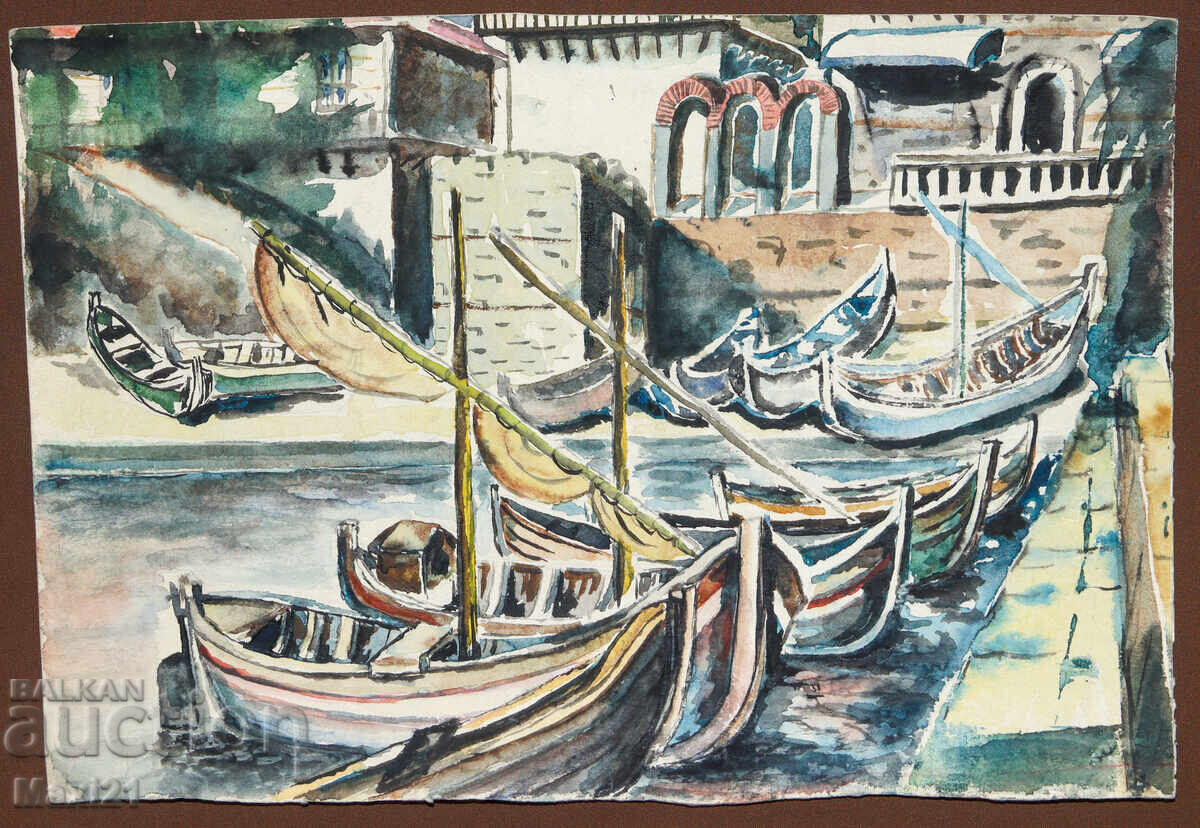 Old watercolor painting landscape boats with price 130.00 BGN | € 66.47